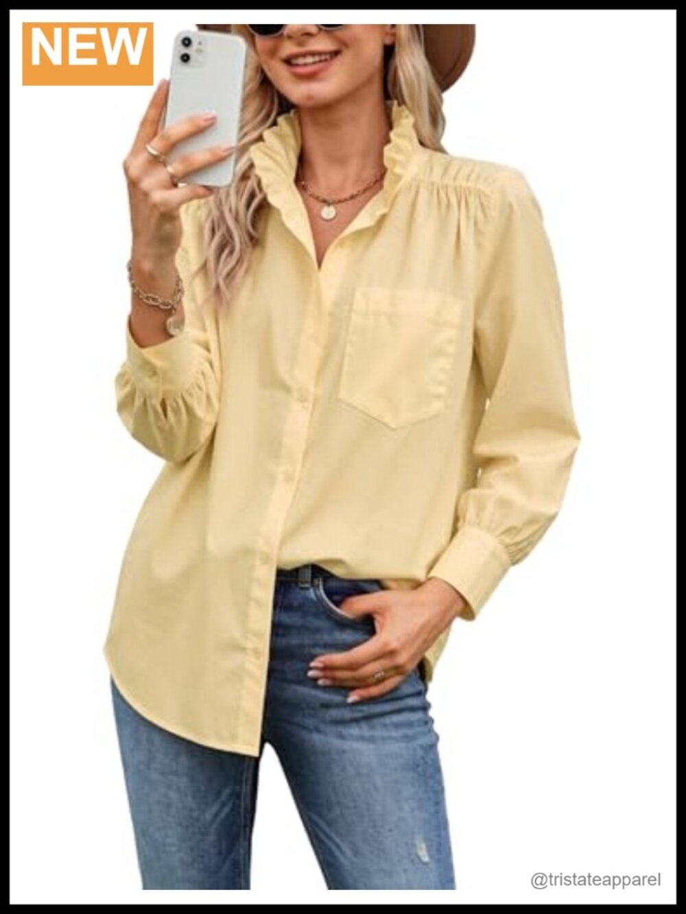 Women's Cotton Modal Ruffle Collar Long Sleeve Button Down Shirt